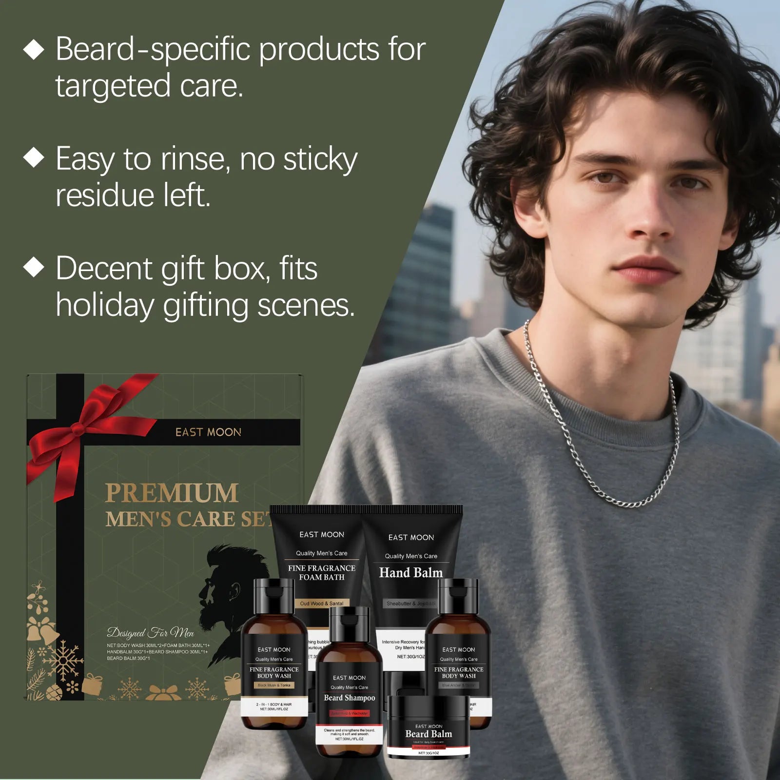 Men's Personal Care Set Beard Shampoo & Balm Set Body Wash Hand Balm Christmas Gift Set for Men Nourishing Skin Care Box Set Qme