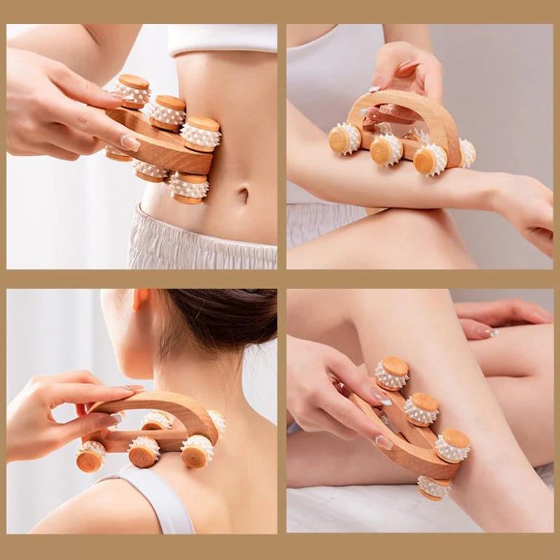 Manual Wooden Massager Wood Back Massage Roller Neck Leg Deep Tissue Qme