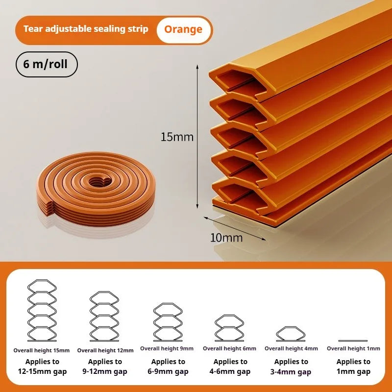 6M Tearable Weather Strip Anti-theft Door Multi-layer Windproof Dust-proof Self-adhesive Sound Insulation Window Gap Seal Strip Qme Orange 1pc