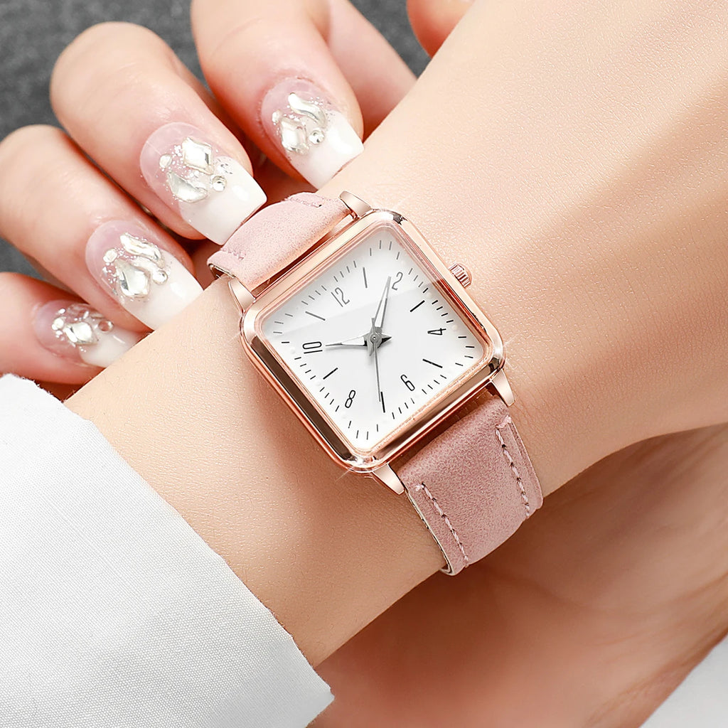 Rose gold square pink leather women's simple digital scale small square watch, not including gift box Qme