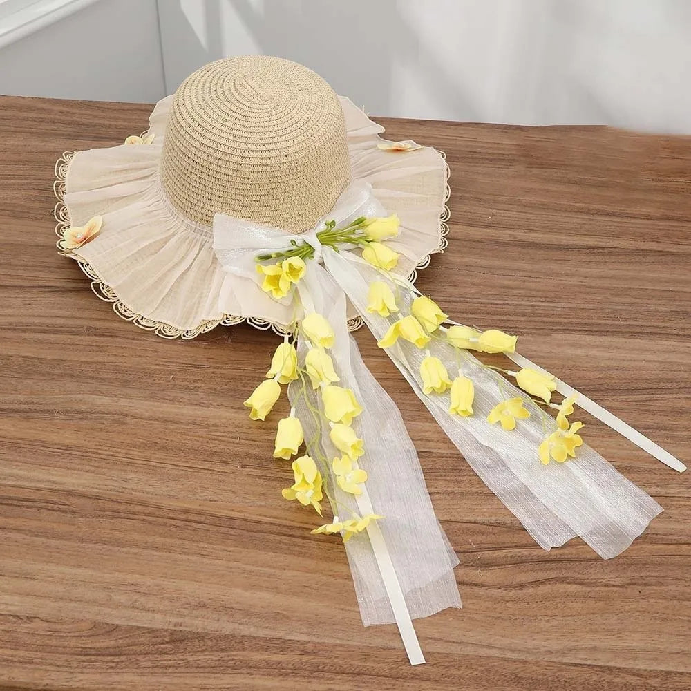 Summer Bonnet Wide Brim Straw Hat Lace Bowknot Floral Tassel Sun Cap Qme Style 4