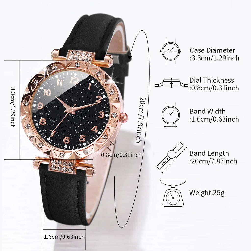 5PCS/Set Rose gold black glitter starry sky dial women's black belt watch 4-piece set bead bracelet, not including gift box Qme
