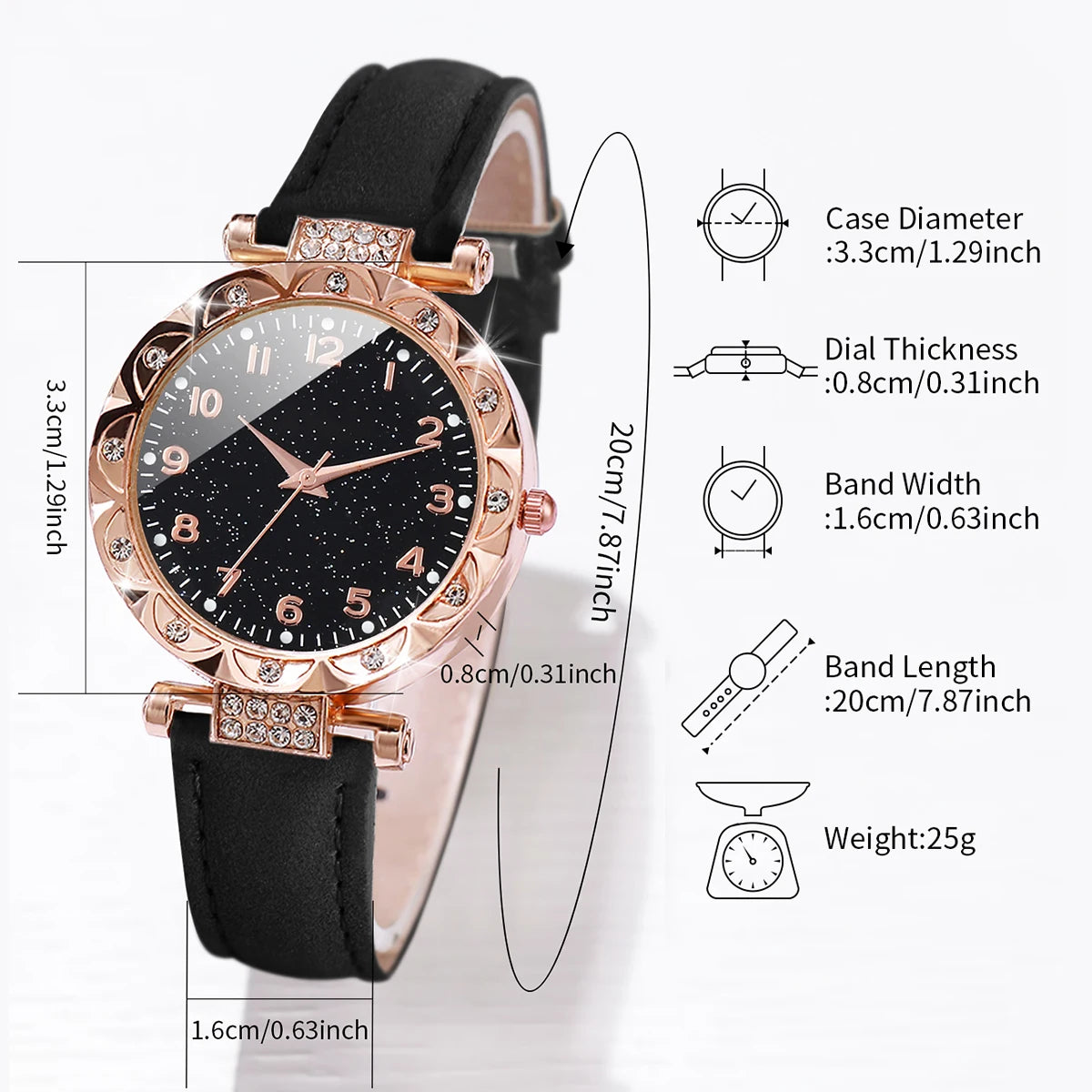 5PCS/Set Rose gold black glitter starry sky dial women's black belt watch 4-piece set bead bracelet, not including gift box Qme