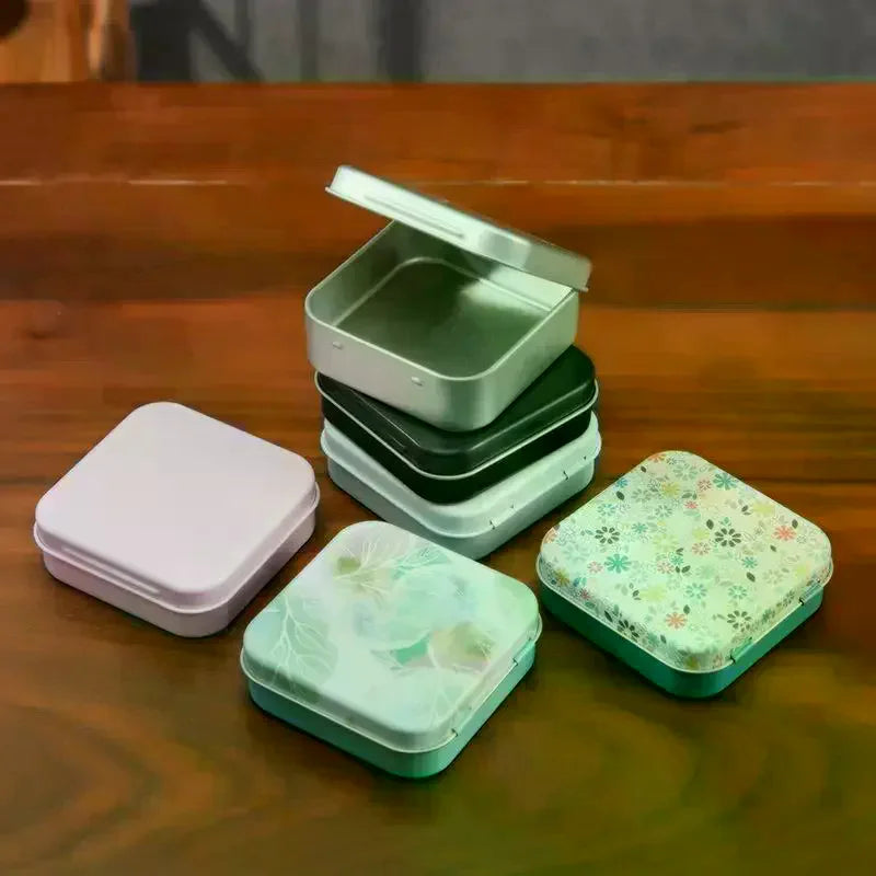 2Pcs Square Colored Flip Top Tin Box Portable Jewelry Candy Medicine Storage Box Hand Sticker Case Earphones Organizer Qme