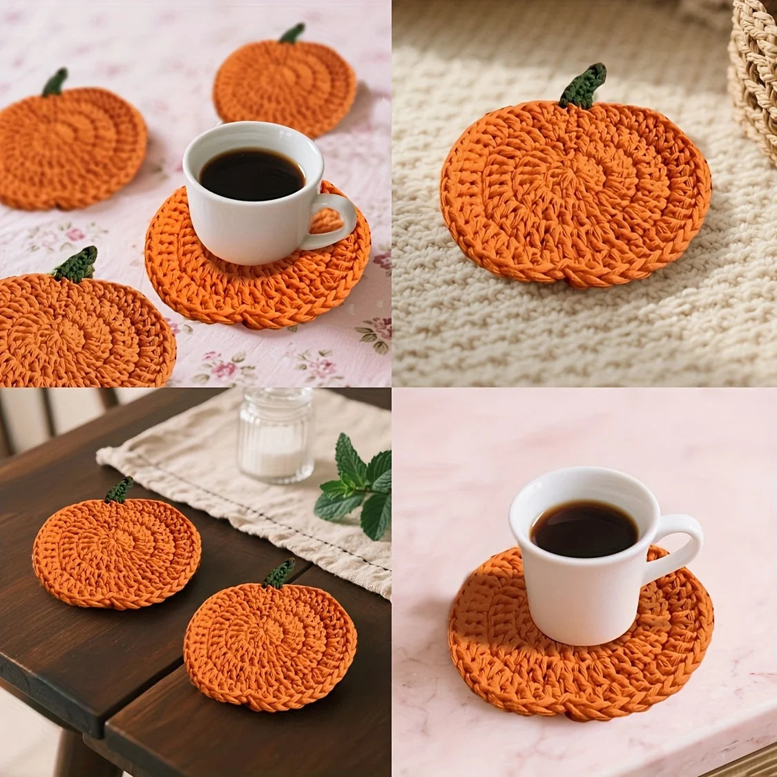 Crochet Pumpkin Coasters,Funny Handmade Knitted Coaster, Cute Pumpkin Shaped Mug Cup Mat Table Desk Decoration Housewarming Gift Qme