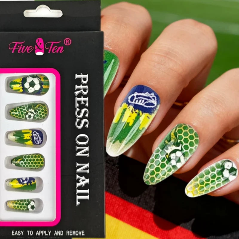 Brazil Press On Nails Green Yellow Football Fan Party Fake Nails Waterproof Easy Apply Remove Qme