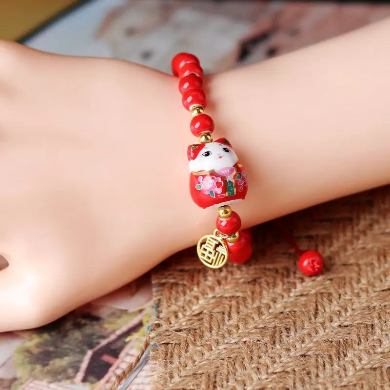 b03 Chinese Style Cute Ceramic Fortune Cat Fu Bracelet Originality Fortune Wish Men Women Red String Bracelet Fashion Jewelry Qme
