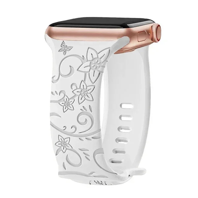 Floral Engraved Strap For Apple Watch Band 40mm 44mm 41mm 49mm 45mm 38mm 42mm silicone bracelet iwatch series 9 7 se 6 8 ultra 2 Qme Wildflower White 42mm 44mm 45mm 49mm