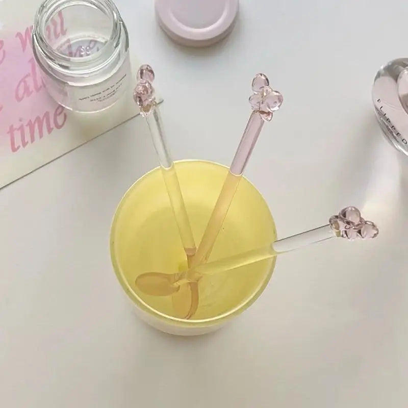 Pink Bow Glass Coffee Spoon, Long-handled Dessert/milk Tea Stirring Spoon, Heat-resistant Teaspoon, Household Kitchen Tool.. Qme