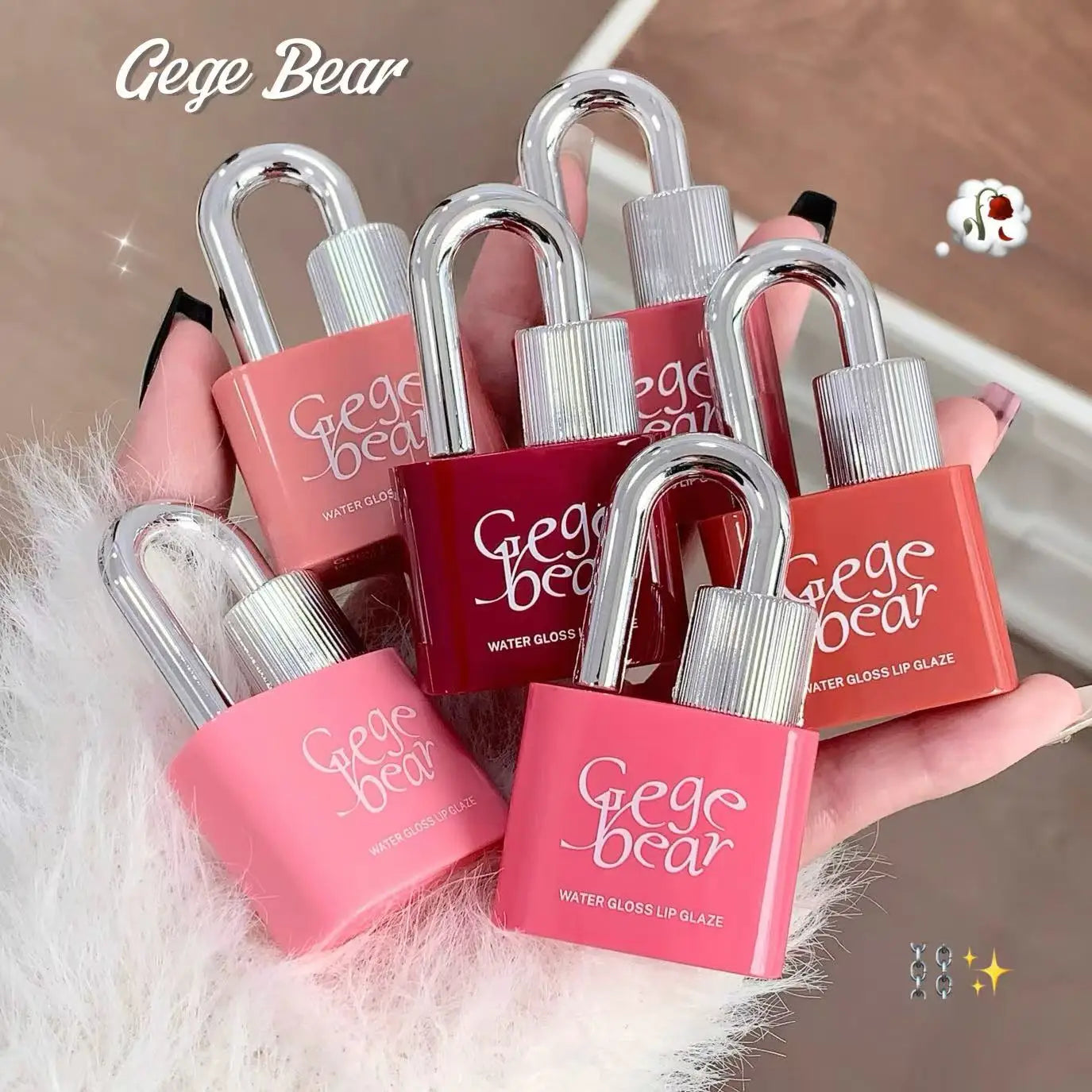 Gege Bear Lock Heart Sweet Water Gloss Lip Glaze Moisturizing Mirror Qme