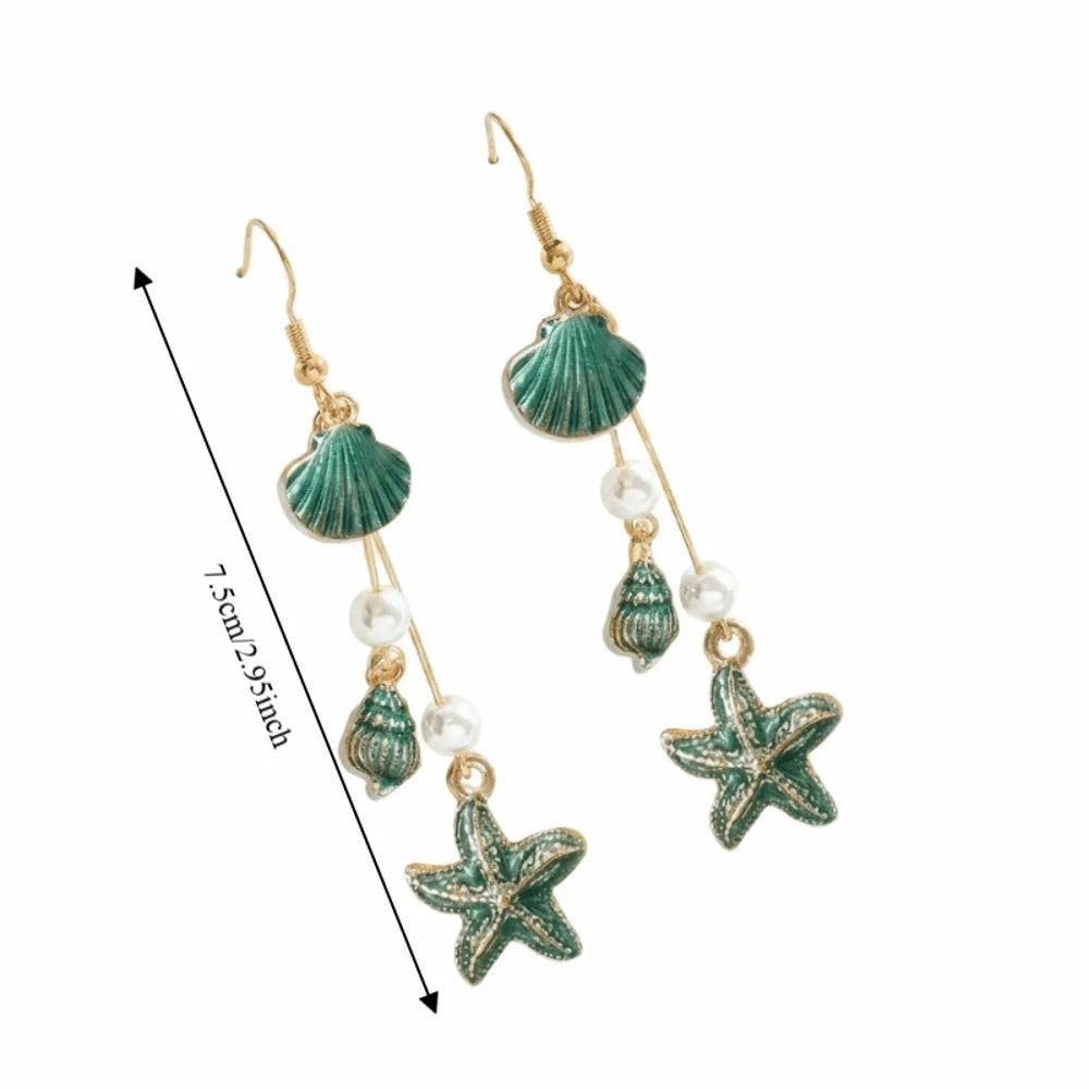 Bohemian Style Alloy Starfish Drop Earrings Shell Elegant Long Tassel Earrings Conch Geometric Shape Pendant Earrings Gift Qme