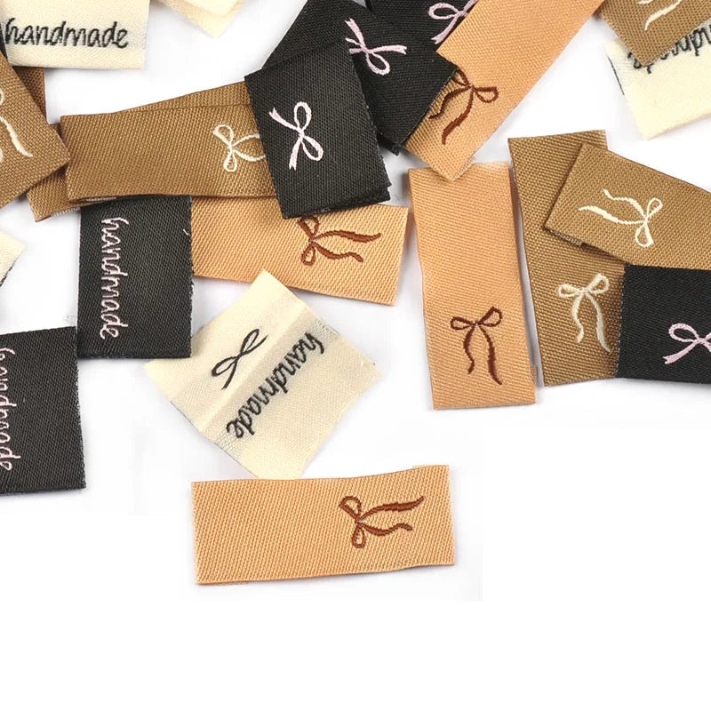 50pcs 15-38.5mm Rectangle Brown/White/Black Bow Label Embroideried Clothes Backpack Sewing Accessories Handmade Crafts c3784 Qme