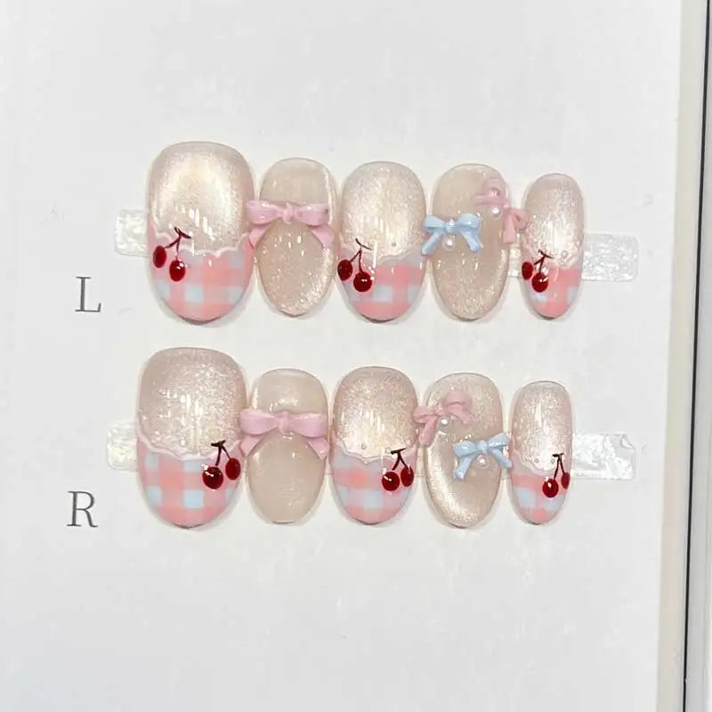 Bag Pink Sweet French Oval Handmade Press Nails Grid Polka Dot Qme