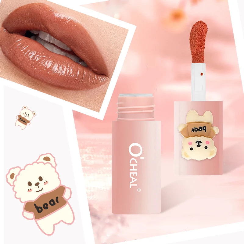 Cartoon Teddy Bear Lip Gloss Waterproof Sweat Proof Matte Effect Qme
