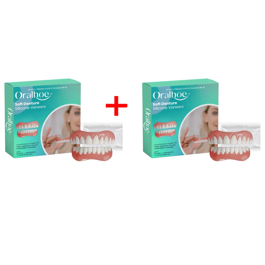 Silicone Dentures False Teeth Full Set Easy Wear Comfortable Anti Friction Protect Mouth Prevent Falling Soft Denture Reline Kit Qme 2Set Boxed
