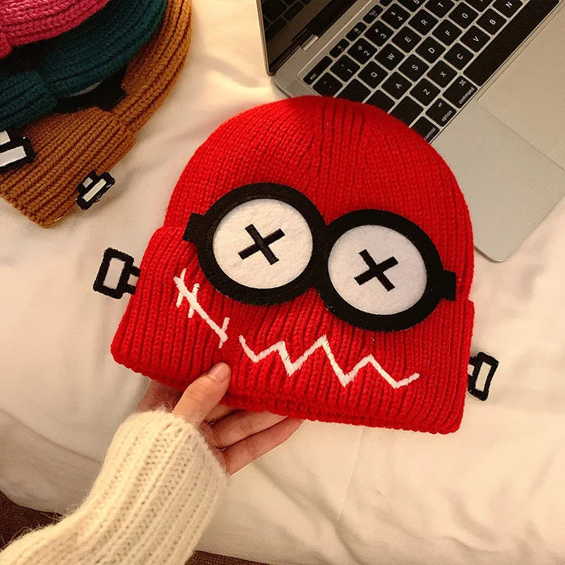 Funny Cute Knitted Woolen Hat Women Autumn Winter Cartoon Warm Qme Red