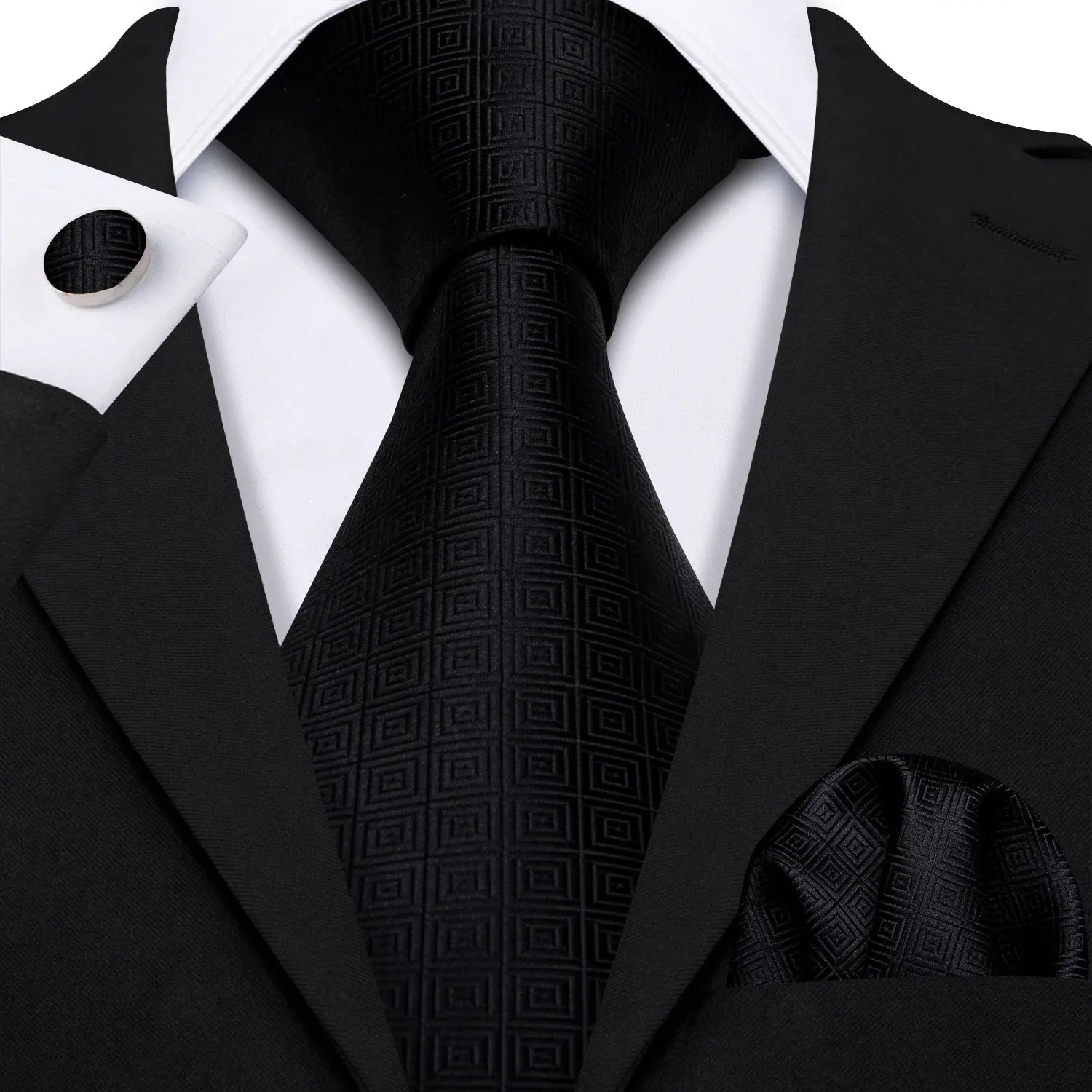 Black Geometric Tie Tie For Men Wedding Tie Party Necktie Handkerchief Cravat Barry.Wang Fashion Designer Tie Set LS-5225 Qme