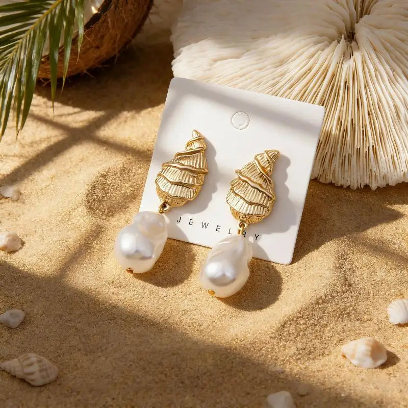 Bohemian Shell Pearl Drop Earrings Gold Plated Ocean Women Beach Qme A3
