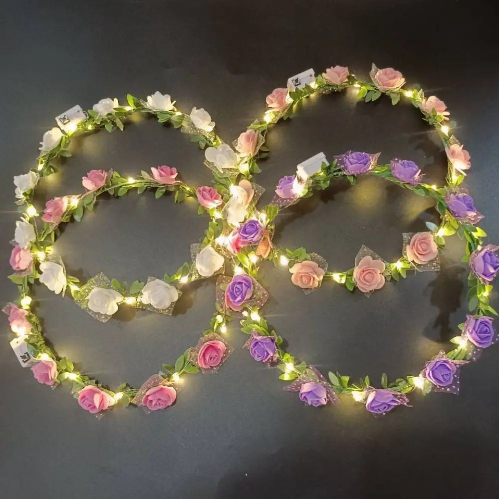 Simulation Rose Flower Wreath Headband Tiara LED Light Crowns Qme