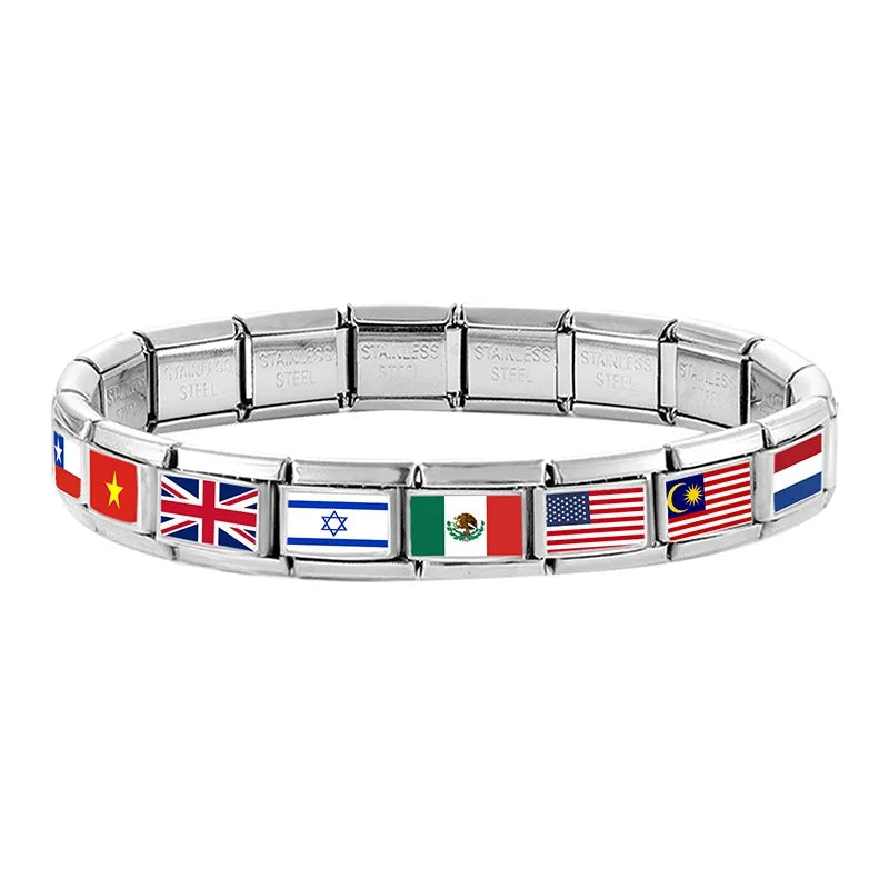 New 2025 Men's Women's Fashion World National Flag Pattern Italian Charm Beads Fit 9mm Bracelet Stainless Steel Making Jewelrys Qme