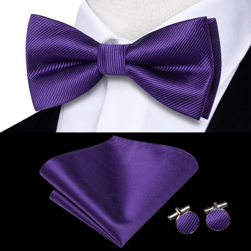 Purple Lilac Lavender Pansy Violet Silk Mens Bow Tie Hanky Cuffs Set Pre-tied Butterfly Knot Bowtie for Male Wedding Business Qme LDLH2501