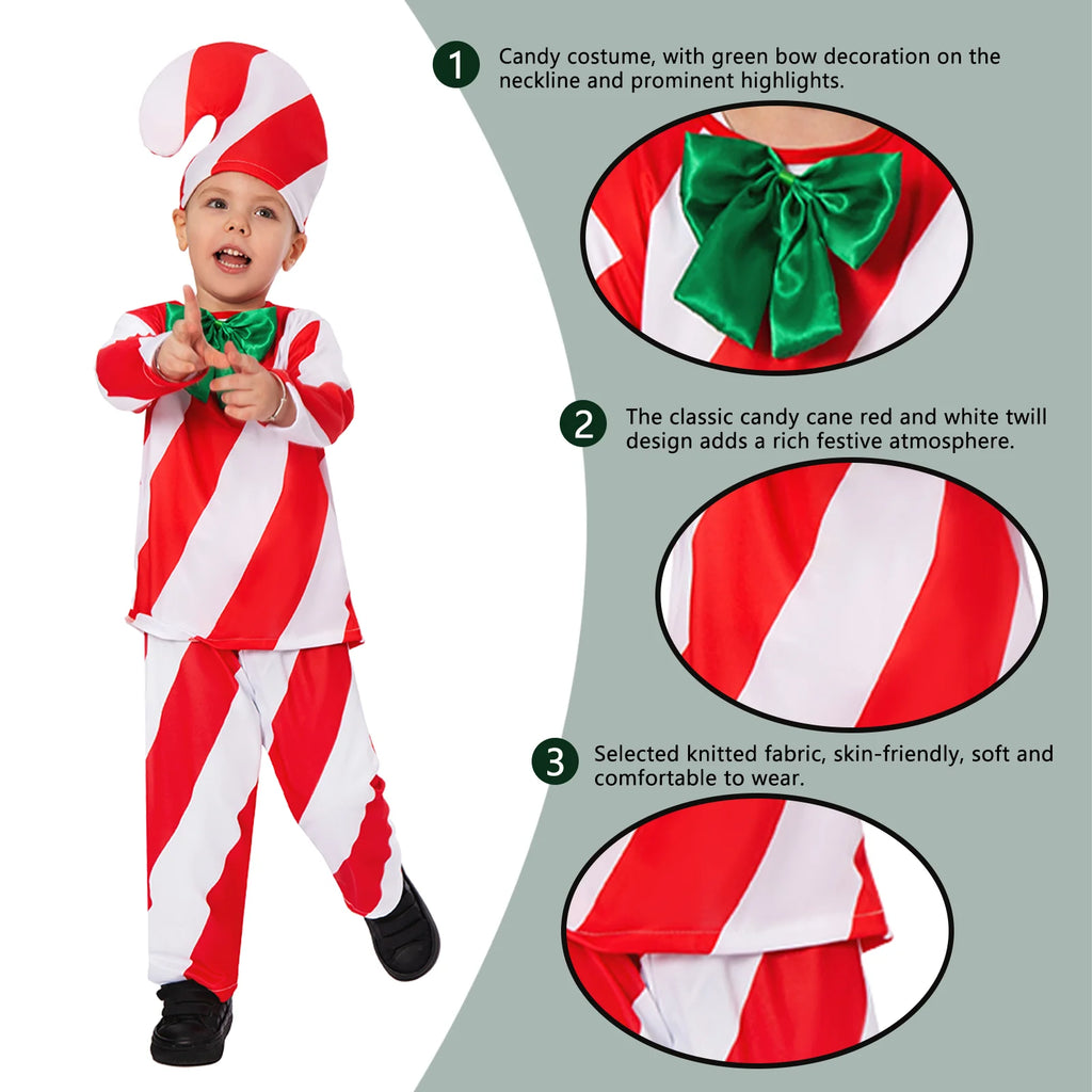 Candy Cane Costume Boys Girls Gift Box Christmas Cosplay Outfit Top Pants Hat Full Set Suit Qme