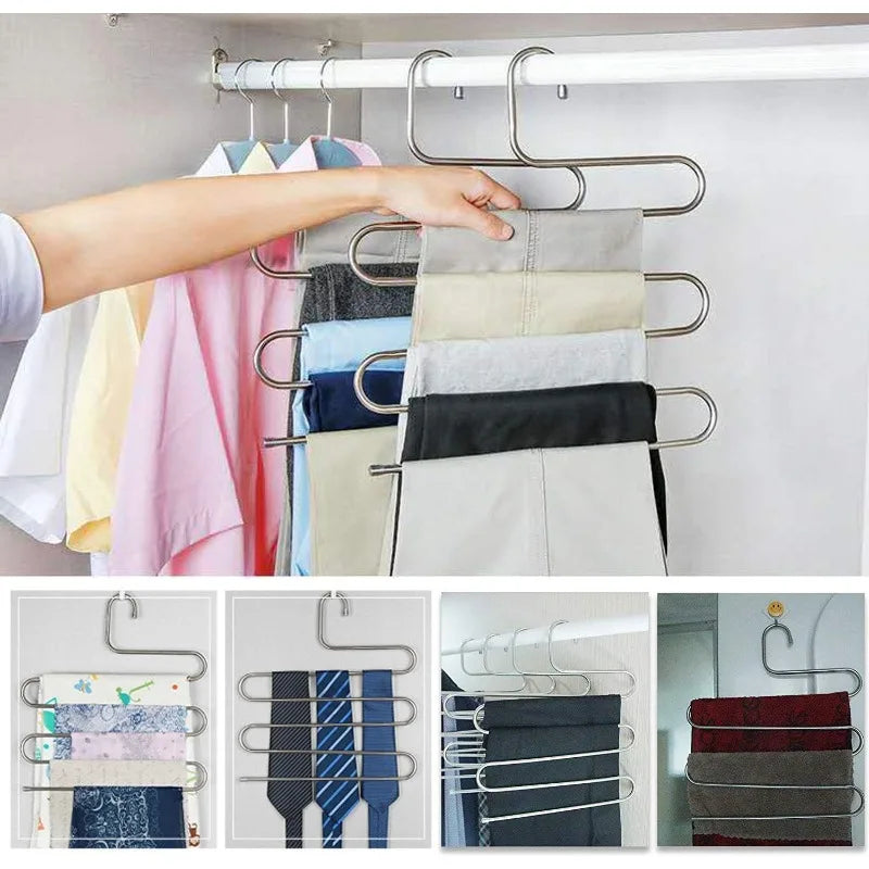 5-layer S-shaped Stainless Steel Trouser Rack Multifunctional Hanger Space-saving Non-slip Pants Storage Accessories Qme