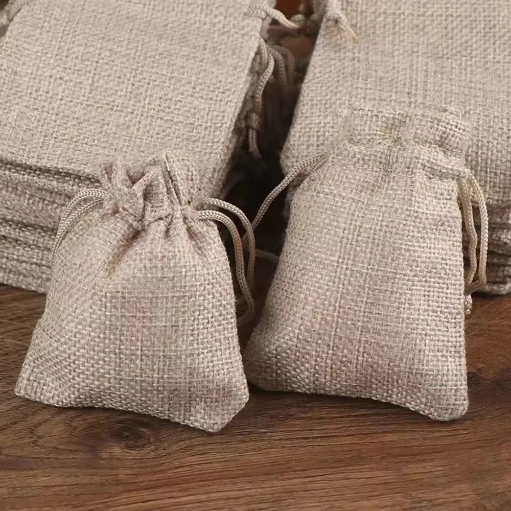 50PCS 13X18/10X15/9X12/7X9CM Drawstring Burlap Bag Jute Gift DIY Wedding Favor Gift Bag For Packaging Candy Chocolate Jewery Qme