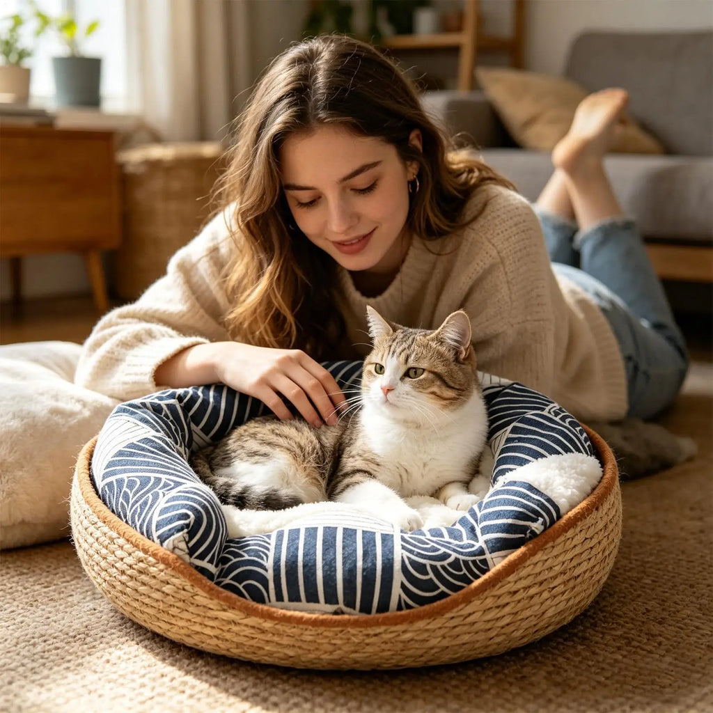 Cat Basket Bed Aesthetic Woven Cotton Rope Pad Nest Sofa Living Room Qme
