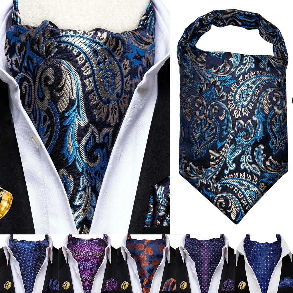 Ascot Tie Set, Classic Cravat with Pocket Square & Decorative Ring, Fashion Men's Neck Accessories Wedding silk Party Daily Wear Qme
