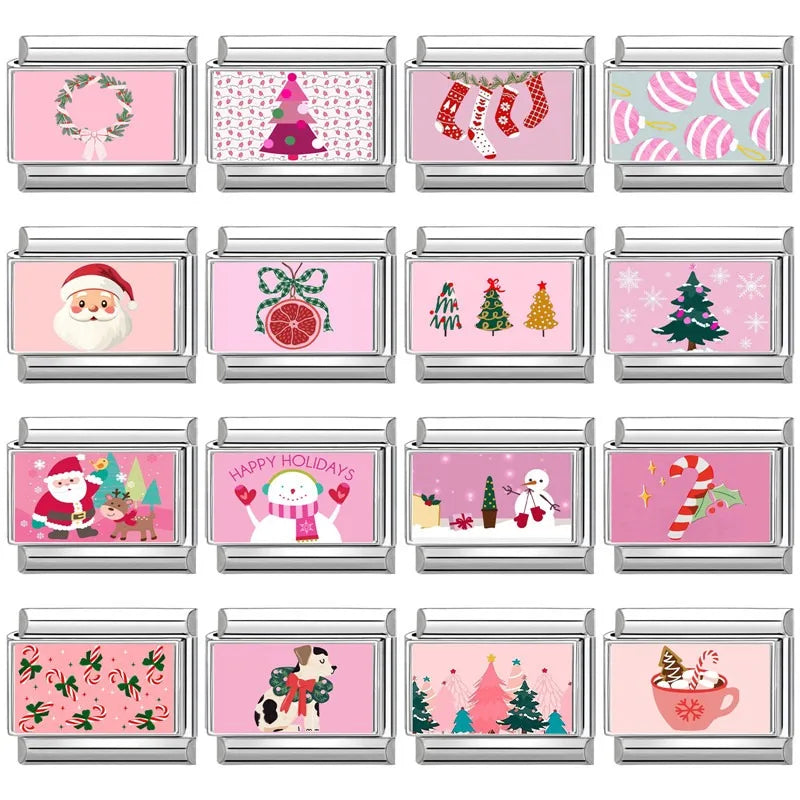2025 Original Pink Christmas Tree Snowman Xmas Elk Wreath Sock Santa Claus Italian Charm Fit9mm Stainless Steel Bracelet Jewelry Qme