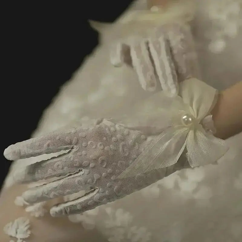 Women Bridal Short Gloves Full Finger Mesh Wedding Beaded Bow Wrist Qme