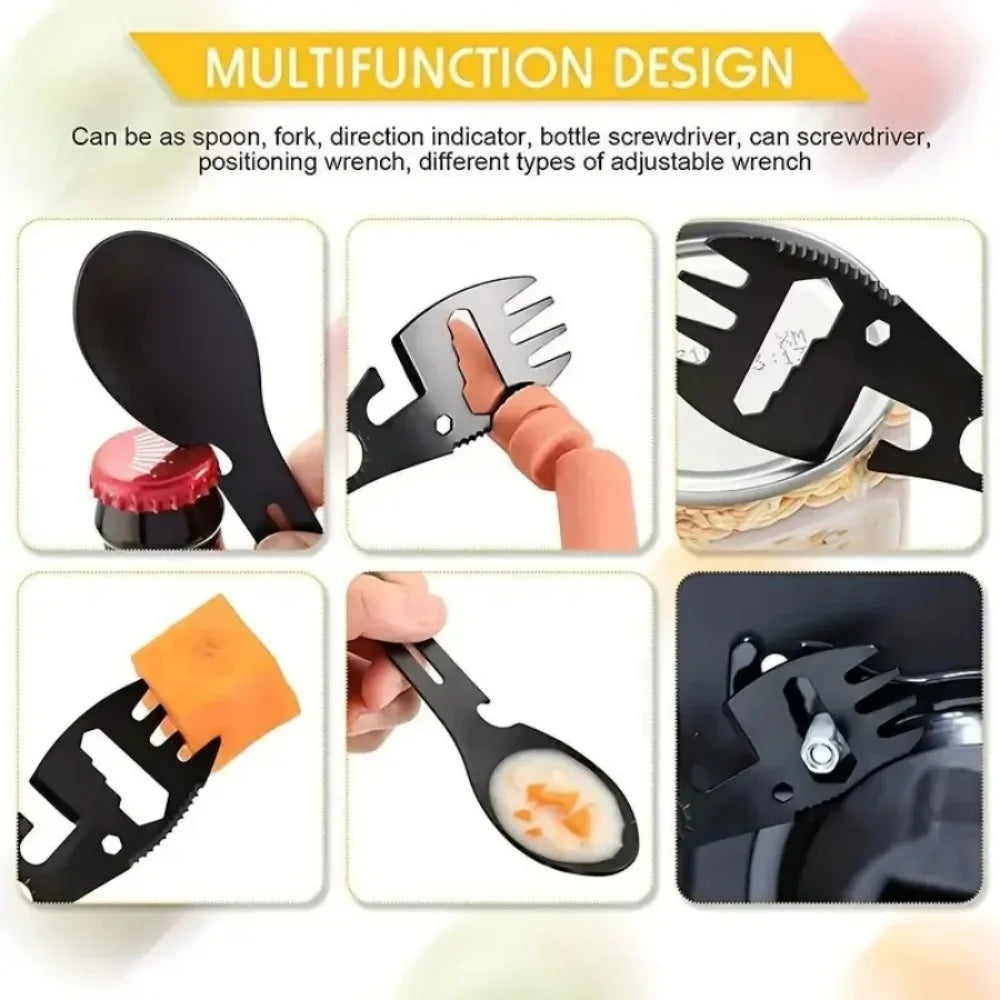 Multifunctional Outdoor Spoon Fork Tool 10 in 1 Survival Kit with Wrench Saw Edge Practical Fork Knife Spoon Bottle/Can Opener Qme