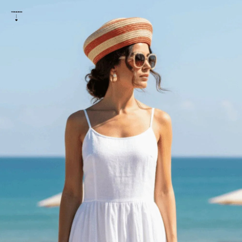 Beach Cap Striped Pattern Straw Top Hat Paper Straw Color Block Dome Cap Wide Brim Lightweight Sun Hat Elegant Ladies Qme