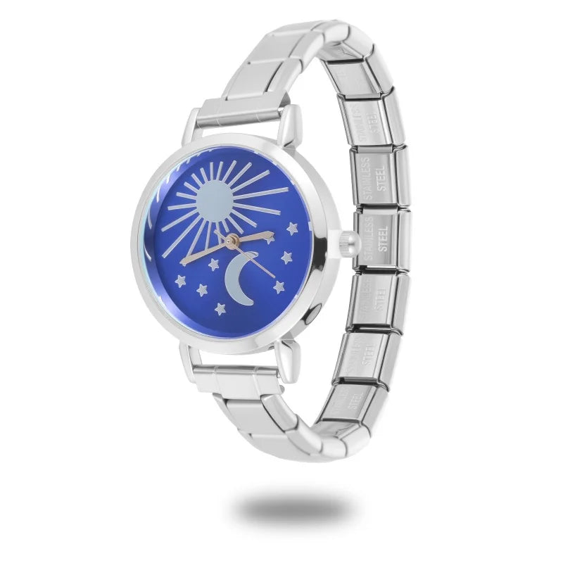 Fashion Women's Stainless Steel Square Flowers Watch Round Moon Sun