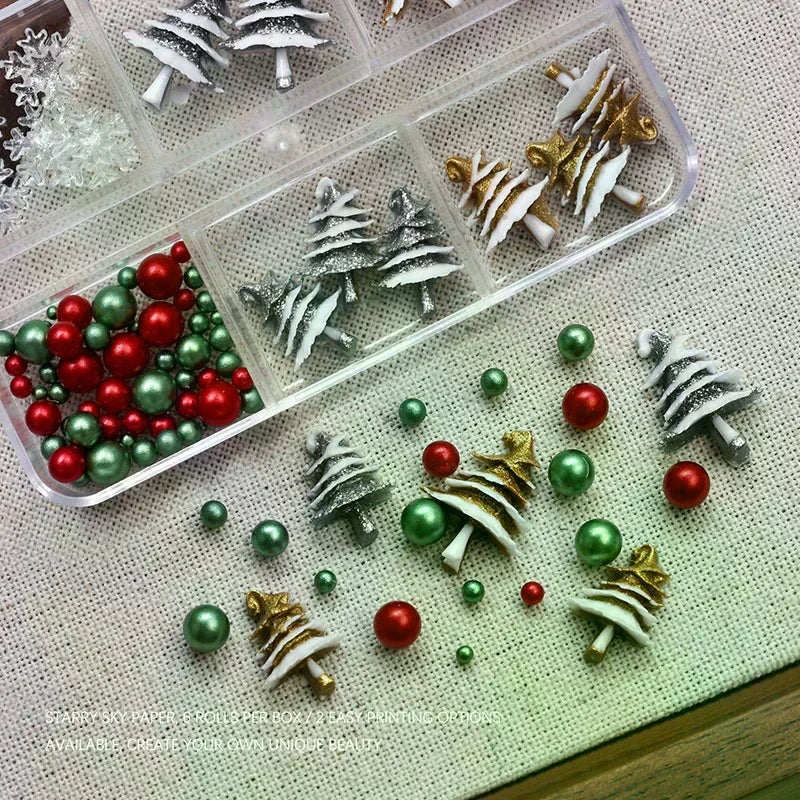 6 Grids Box Christmas Red Green Bead Snowflake Nail Rhinestone Mixed Qme