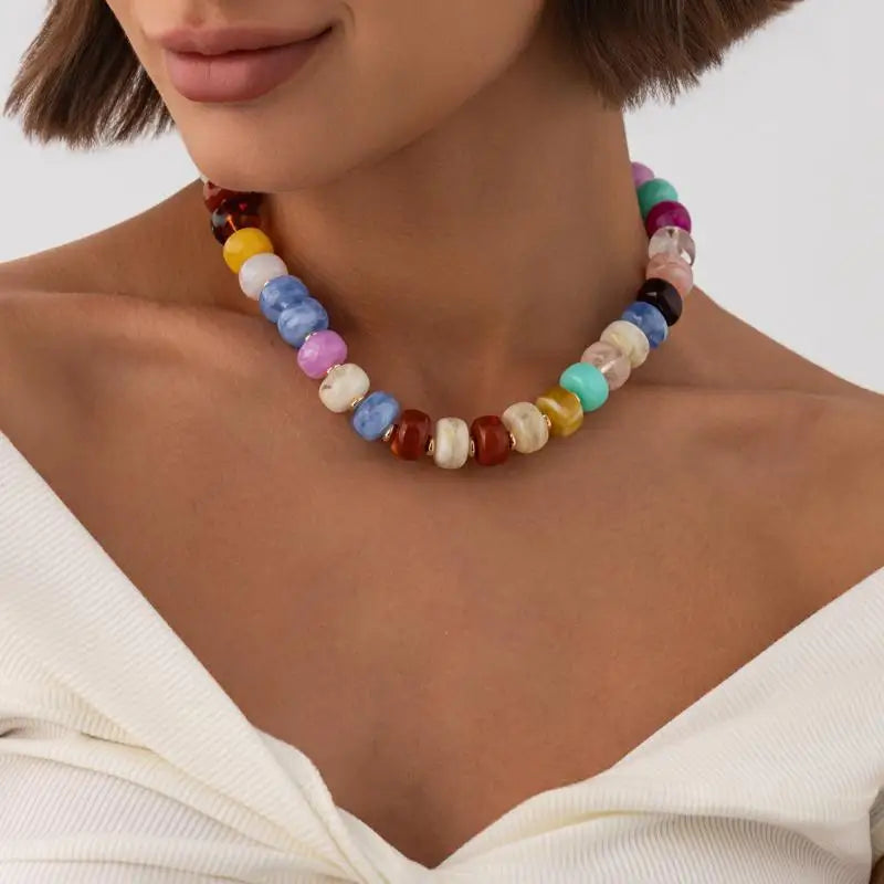 Y2K Colorful Smudging Resin Beads Chain Necklace For Women Trend Collares Vintage Clavicle Chain Party Jewelry Qme