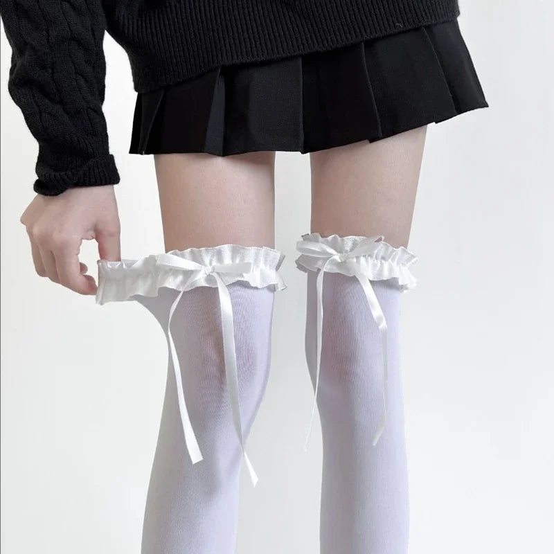Women Lace Black White Ruffle Long Socks Girls Sweet Stockings JK Qme