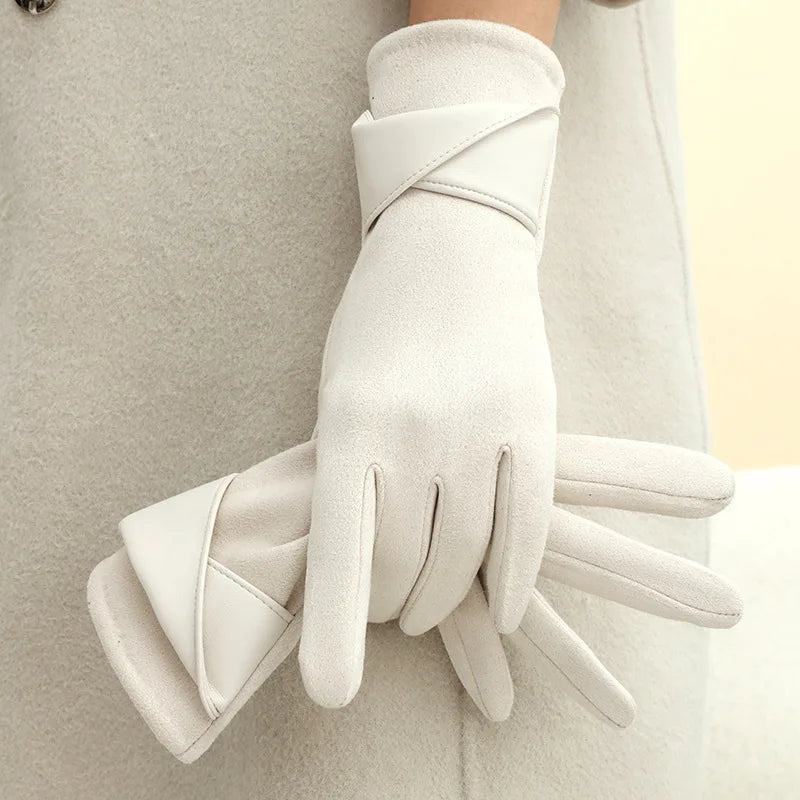 Women's Suede Cold-proof Warm Gloves Velvet Thickened Windproof Bow Qme WHITE