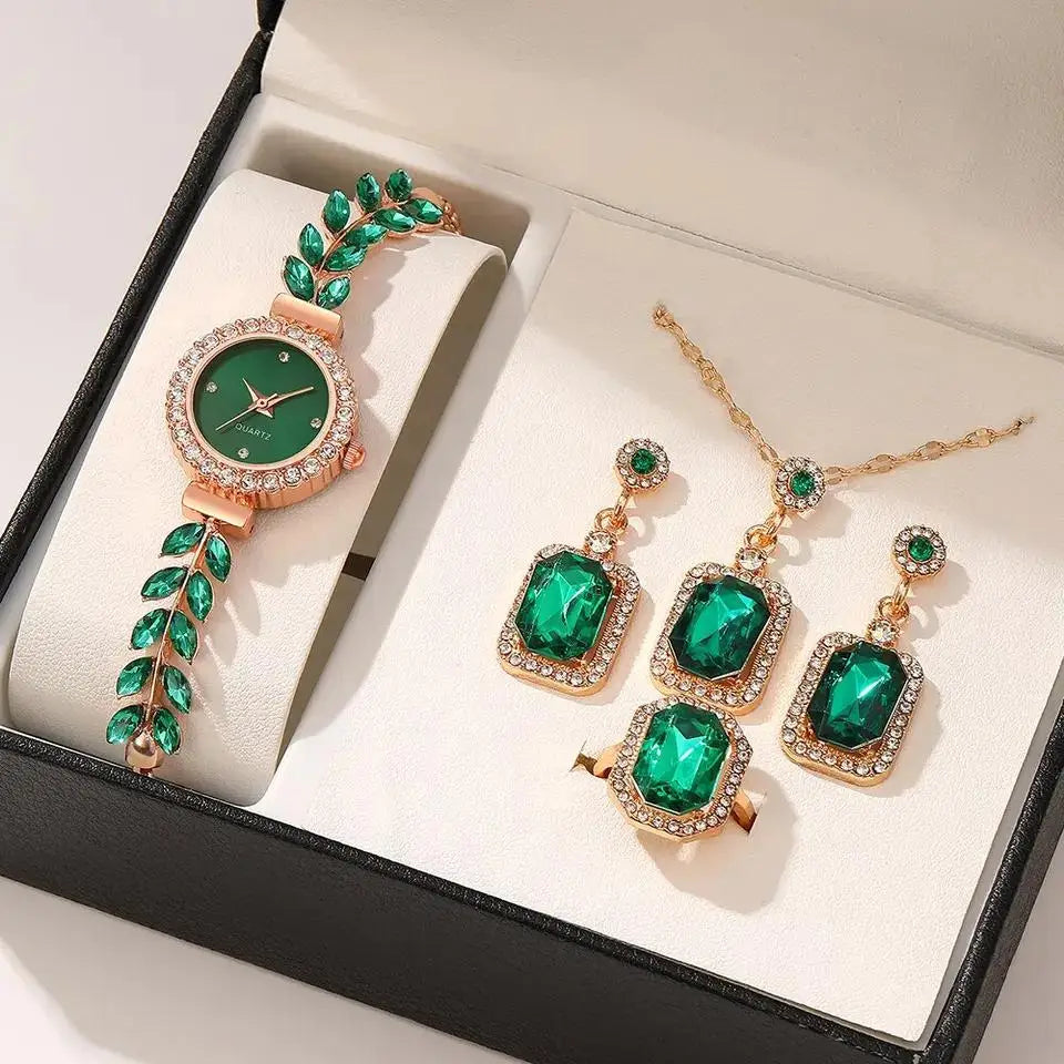 New diamond studded temperament, internet famous and popular bracelet, women's quartz watch, leaf jewelry set Qme