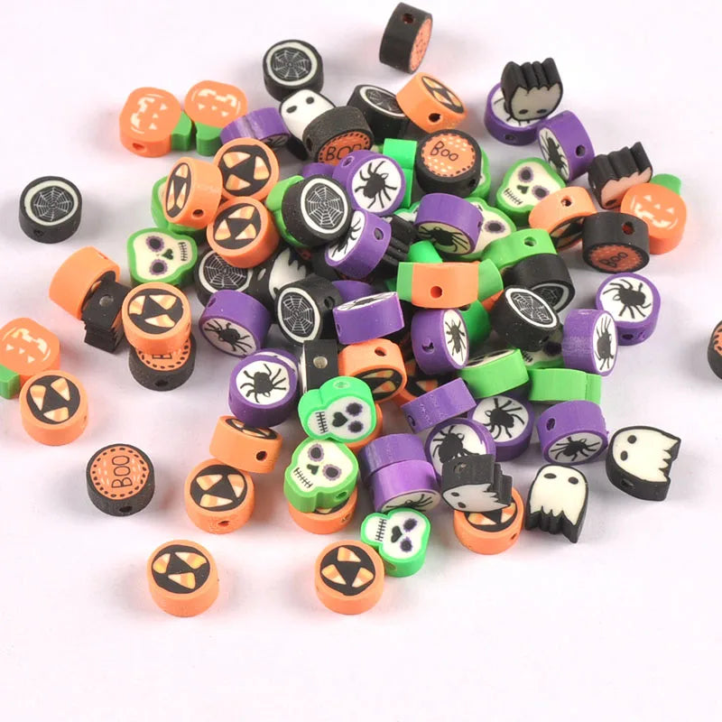 50pcs 10mm Colorful Polymer Clay Mix Pumpkin/Skull/Spider Halloween Beads Jewelry Making Accessories DIY Decor Kids Party Gifts Qme
