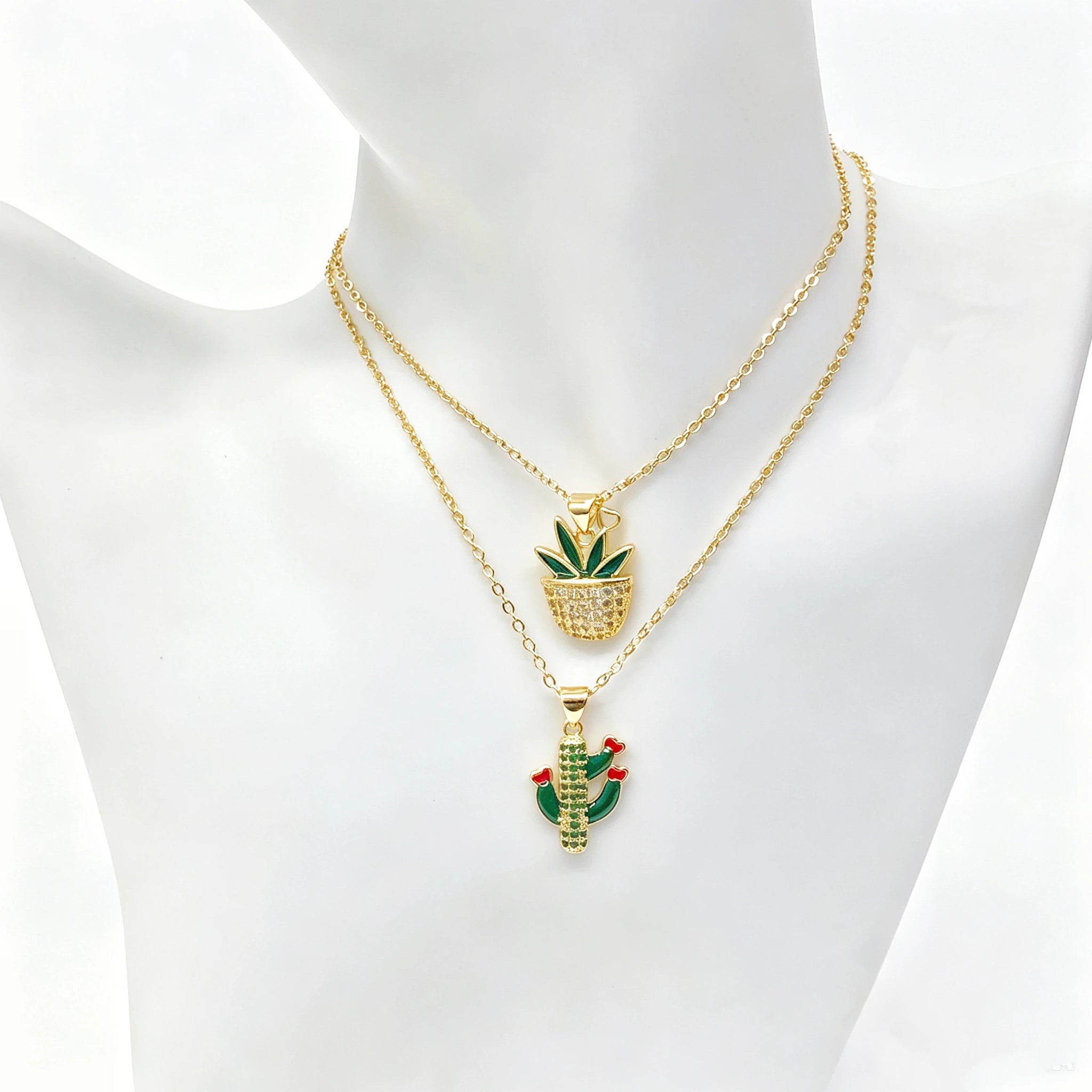 Gold Plated Multicolor Zircon Enamel Art Cactus Pendant Necklace Bohemian Floral Jewelry For Women Casual Vacations Gift New Qme