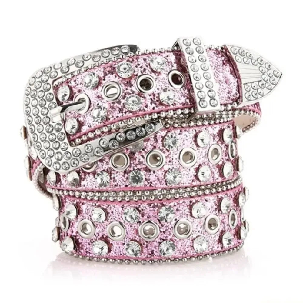 Simple PU Leather Rhinestone Belts Spicy Girl Blingbling Rivet Belt Qme Pink