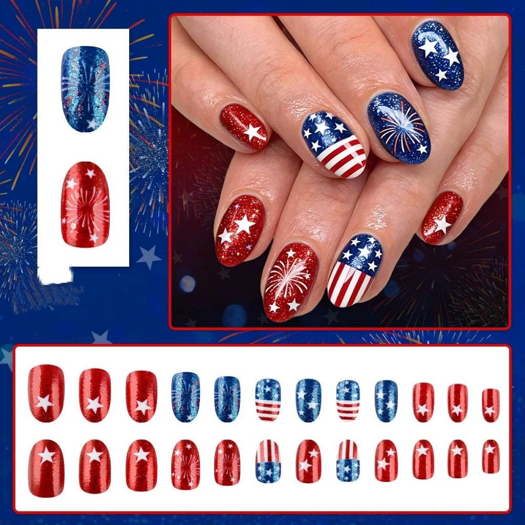 Independence Day Short Oval Nail Tips Glitter Star Firework Press On Nails Removable Reusable Fake For Women Daily Party Qme YS854