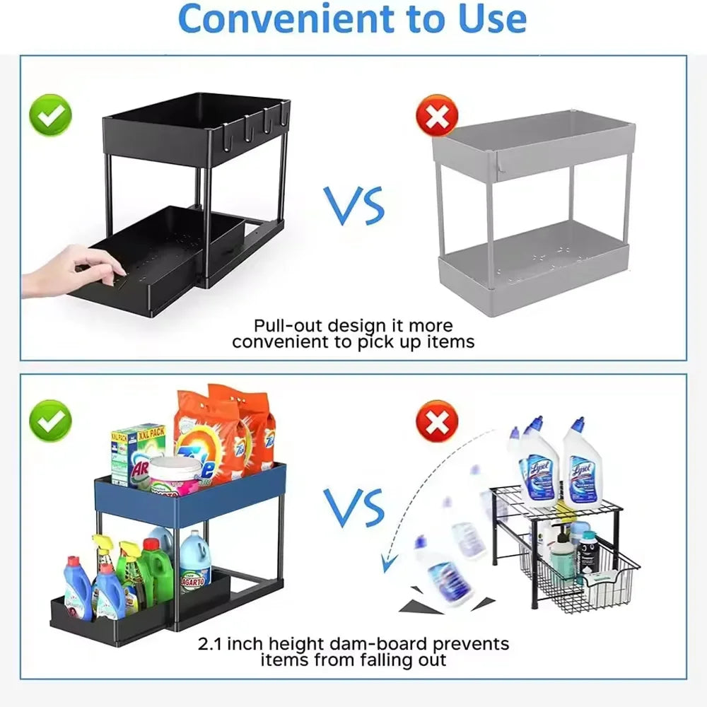 Kitchen 2 Tier with Hooks Hanging Cup Home Bathroom Organizer Under Sink Organizer Sliding Cabinet Basket Organizer Storage Rack Qme