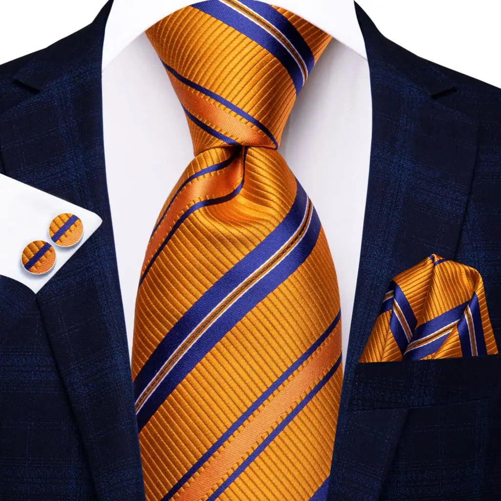 Hi-tie Men Fashion Striped Navy Blue Necktie Handkerchief Cufflinks Qme 3831