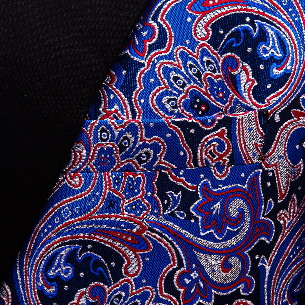 Men's Blue Red Paisley Jacquard Shawl Lapel Tuxedo Blazer Single Qme