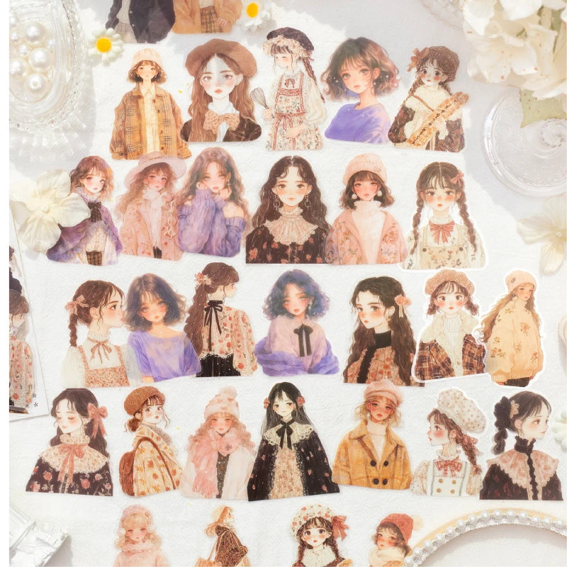 30 Sheets/Bag Korean Cute Girl PET Stickers Pack for Scrapbook Journal DIY Planner Phone Case Notebook Decoration Craft Gift Qme
