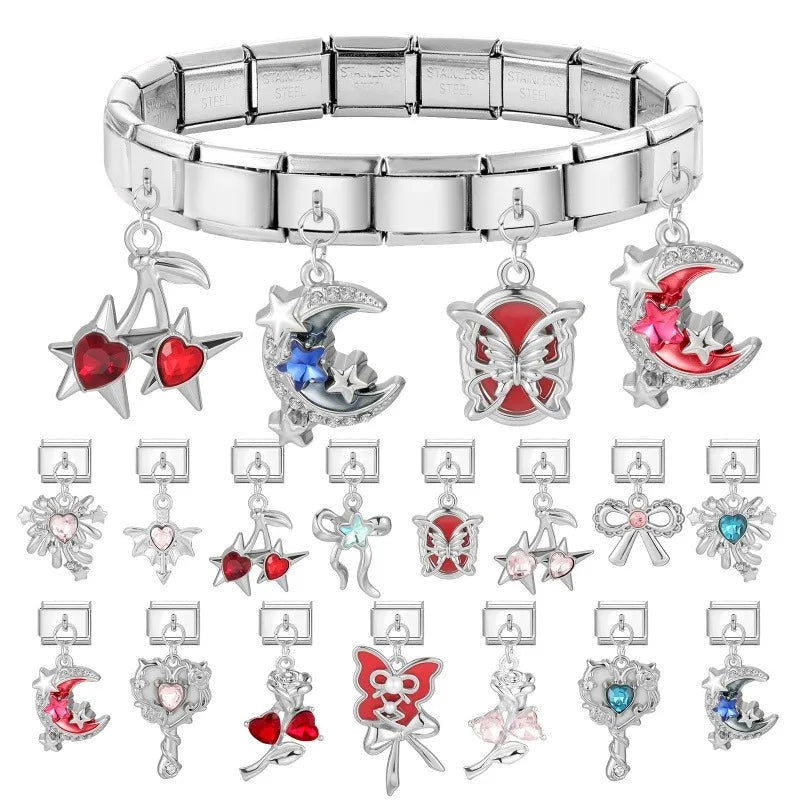 Shiny Colorful Zircon Pendant Series Red Cherry Bow Italian Charm Link Fit 9mm Stainless Steel Bracelet Women Jewelry DIY Making Qme
