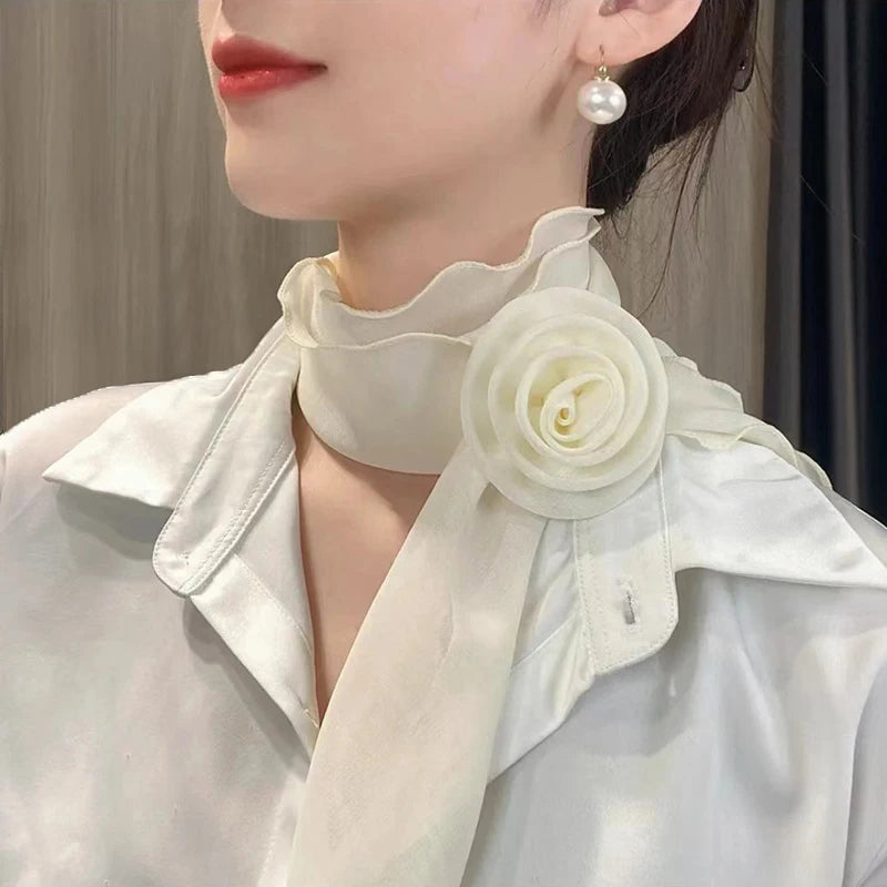 Versatile Rose Design Silk Scarf Soft Neckerchief Girls Women Long Qme Beige